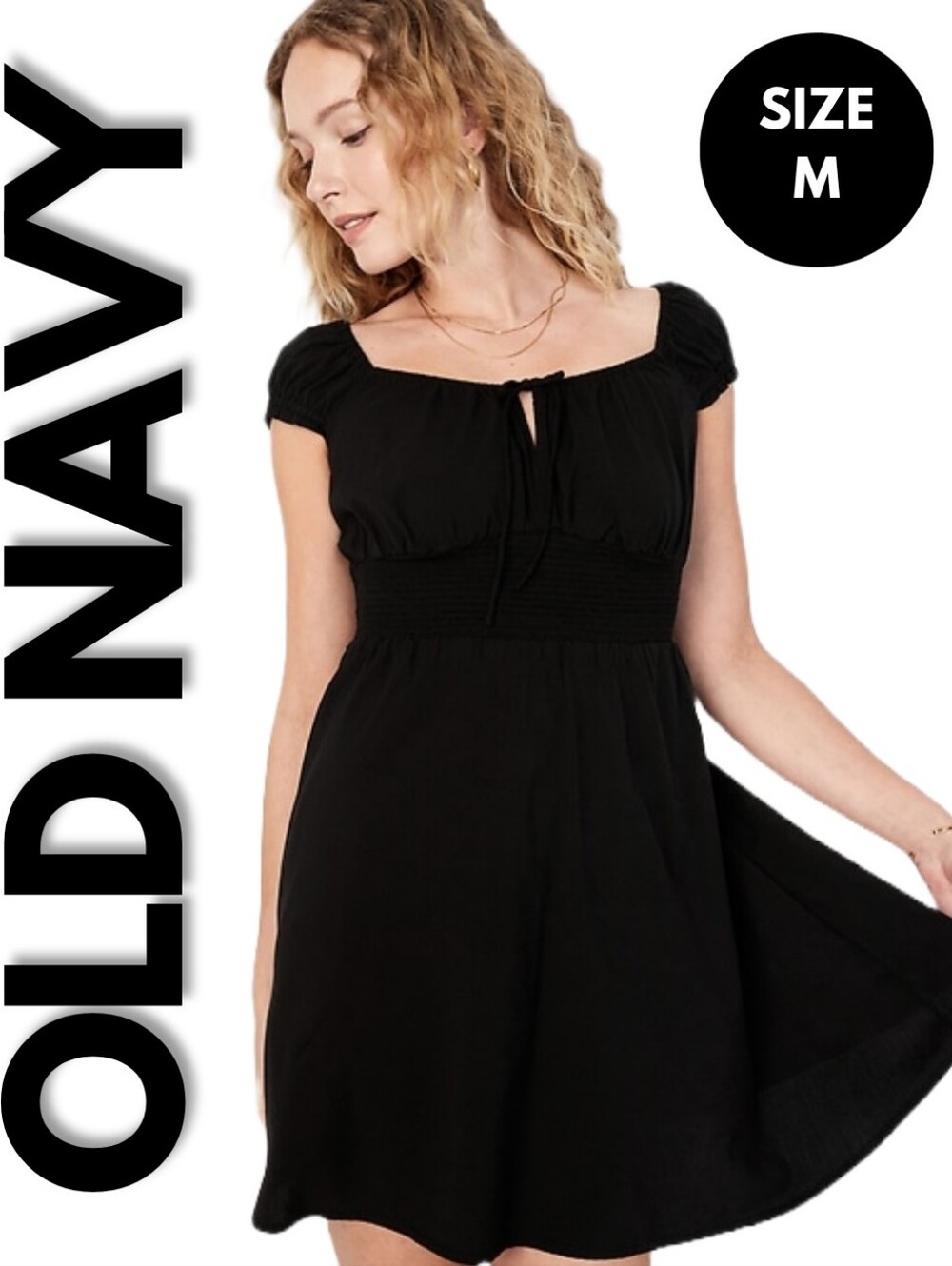 Old Navy Waist Defined Smocked Black Mini Dress Size M